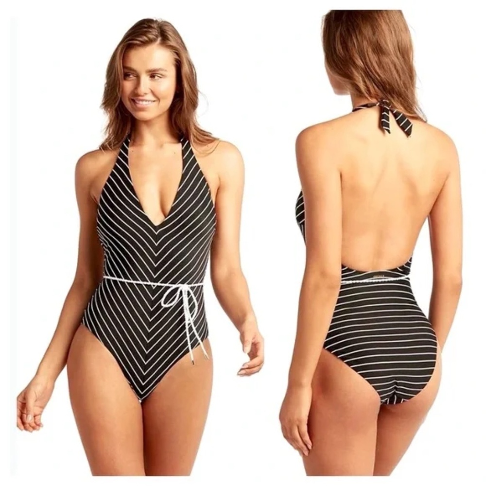 Sea Level Australia Shoreline Halter Black White Stripe One Piece Swimsuit 12